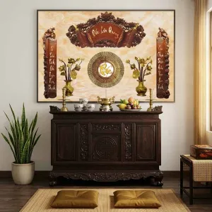 Tranh Canvas Phòng Thờ Hoành Phi Câu Đối 3D "Đức Lưu Quang" Cùng Hoa Sen Vàng