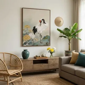 Tranh Canvas Phong Thủy Chim Hạc Và Hoa Cúc Đọng Sương Mai