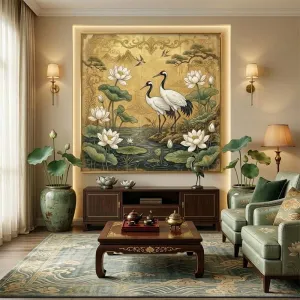 Tranh Canvas Phong Thủy: Song Hạc  Thưởng Sen