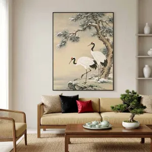 Tranh Canvas Phong Thủy Tùng Hạc Diên Niên Dưới Tuyết Trắng