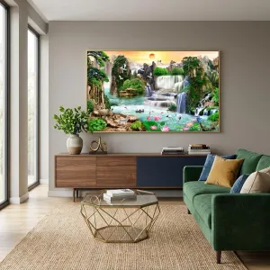 Tranh Canvas Sơn Thủy Hữu Tình Tài Lộc - Thác Nước Và Chim Hạc Phong Thủy
