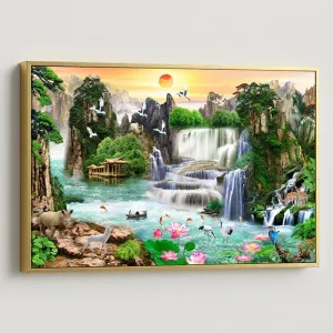 Tranh Canvas Sơn Thủy Hữu Tình Tài Lộc - Thác Nước Và Chim Hạc Phong Thủy