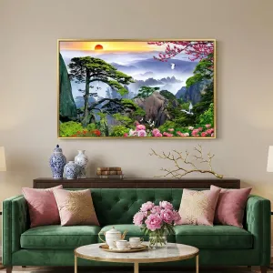 Tranh Canvas Sơn Thủy Hữu Tình: Tùng Hạc Diên Niên Và Cảnh Sắc Thiên Nhiên Hùng Vĩ