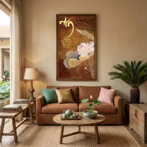 Tranh Canvas Thư Pháp Gia Đình Bình An - Hoa Sen Mộc Mạc