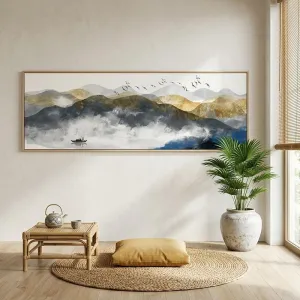 Tranh Canvas Thủy Mặc Phong Cảnh Núi Non Và Con Thuyền Nghệ Thuật