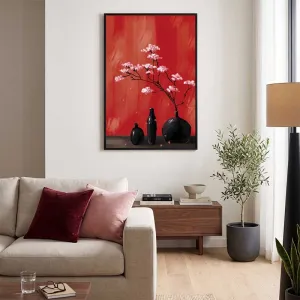 Tranh Canvas Tĩnh Vật Bình Hoa Đào Nền Đỏ May Mắn