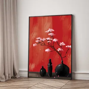Tranh Canvas Tĩnh Vật Bình Hoa Đào Nền Đỏ May Mắn