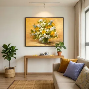 Tranh Canvas Tĩnh Vật Bình Hoa Hồng Vàng Và Ly Trắng Nghệ Thuật