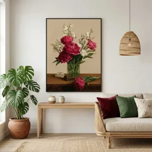 Tranh Canvas Tĩnh Vật Bình Hoa Mẫu Đơn Đỏ Cổ Điển Nghệ Thuật