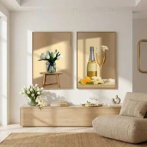 Tranh Canvas Tĩnh Vật: Hoa Tulip Trắng, Rượu Sâm Phanh Và Trái Cam Sang Trọng