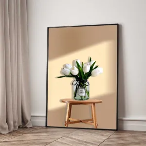 Tranh Canvas Tĩnh Vật: Hoa Tulip Trắng, Rượu Sâm Phanh Và Trái Cam Sang Trọng