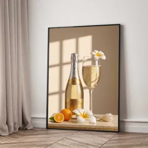 Tranh Canvas Tĩnh Vật: Hoa Tulip Trắng, Rượu Sâm Phanh Và Trái Cam Sang Trọng