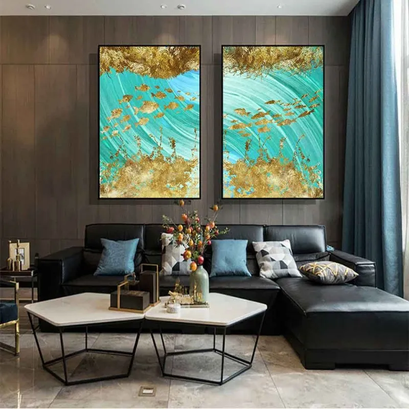 Tranh canvas trừu tượng đàn cá vàng golden