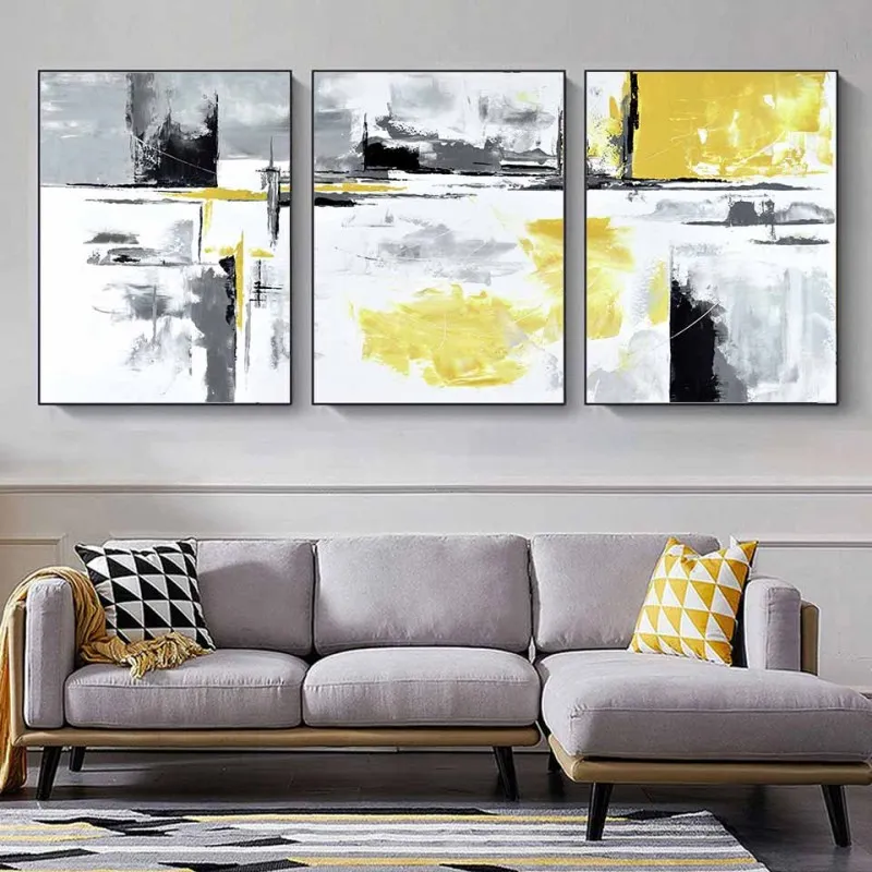 Tranh canvas trừu tượng trắng đen vàng