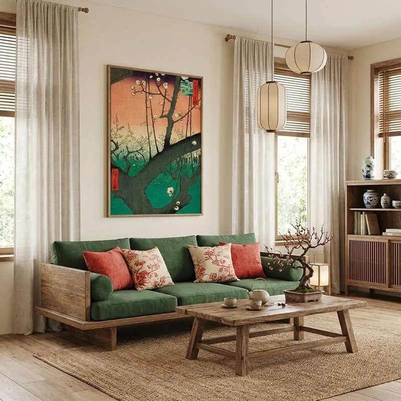 Tác phẩm Vườn mận tại đền Kameido của Hiroshige với hoa trắng đỏ