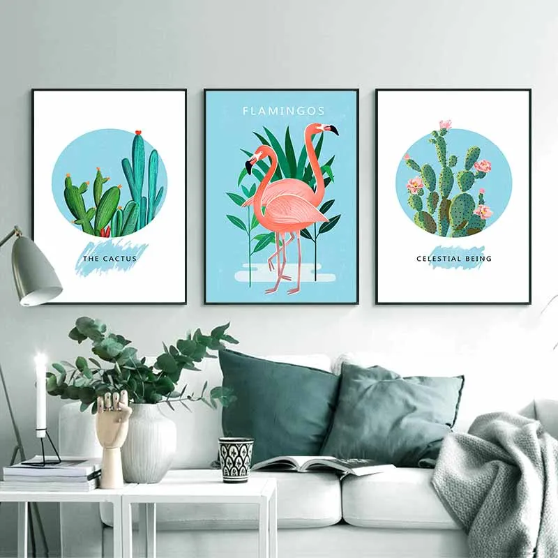 Tranh chim hồng hạc và cây xương rồng kết hợp chữ