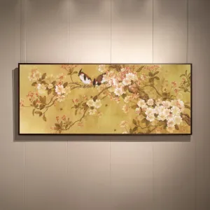 Đôi Chim Chào Mào Và Hoa Đào Trên Nền Vàng Cổ Điển