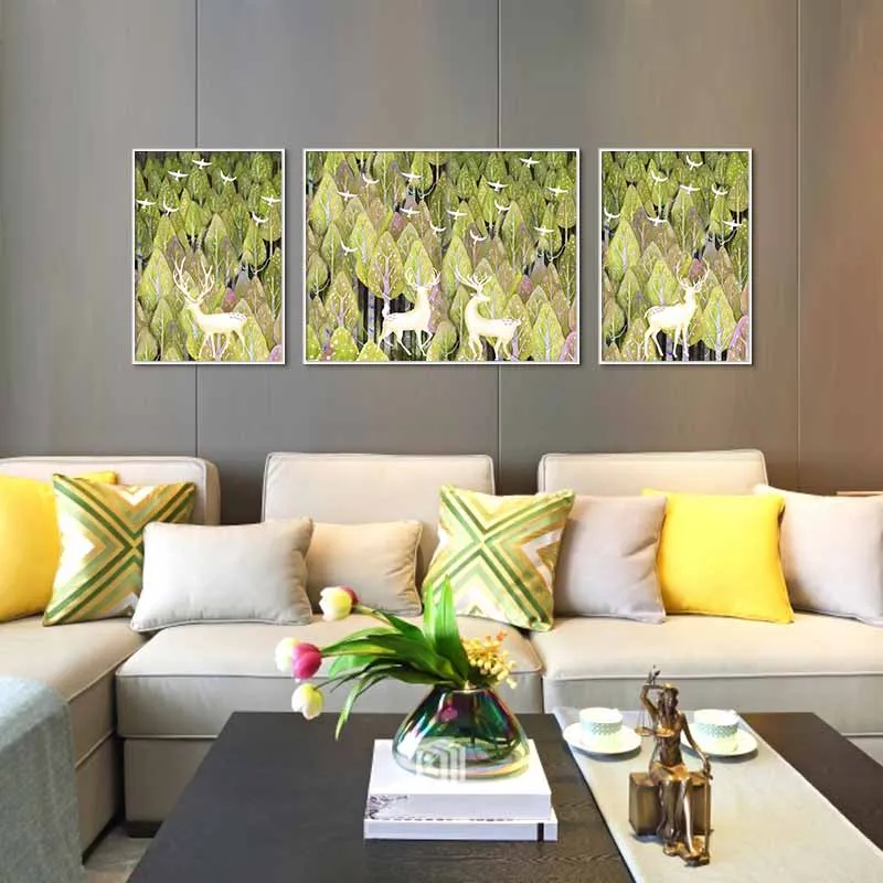 Tranh đàn nai trắng trong rừng cây trừu tượng