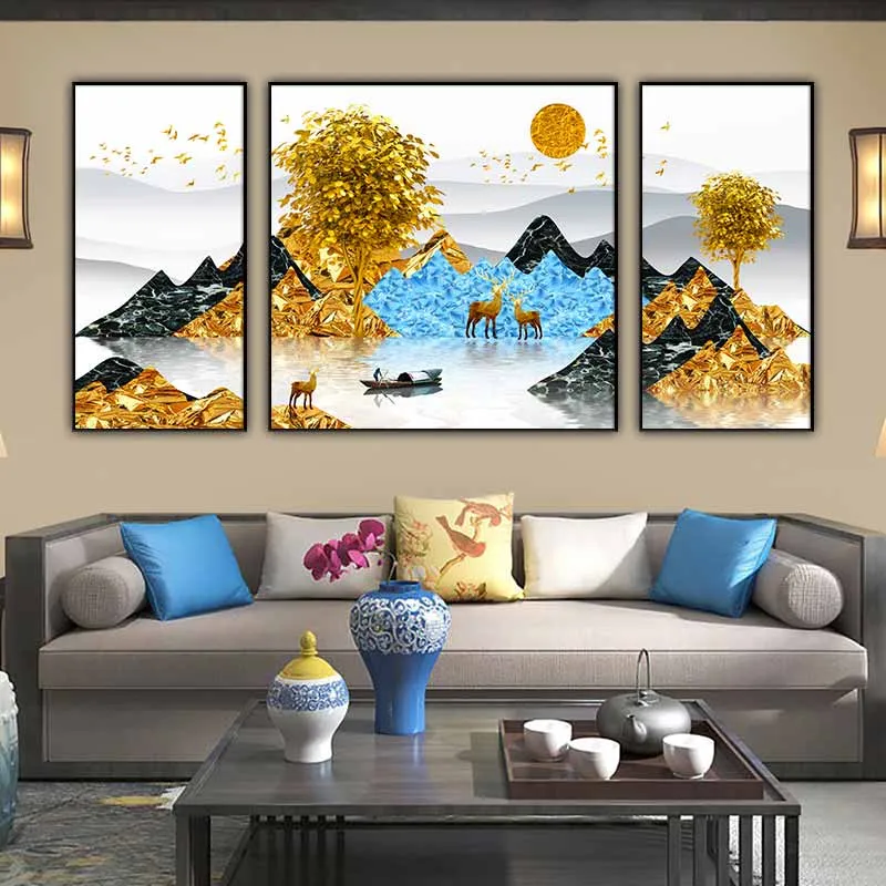 Tranh đồi núi, cây và hươu nai vàng phong thủy