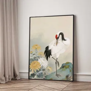 Tranh Canvas Phong Thủy Chim Hạc Và Hoa Cúc Đọng Sương Mai