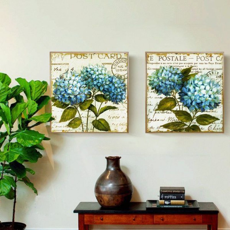Tranh hoa cẩm tú cầu xanh theo phong cách Vintage