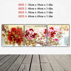 Bộ Tranh Canvas 3 Tấm Hoa Mẫu Đơn Đỏ Thác Nước Phong Thủy Phú Quý