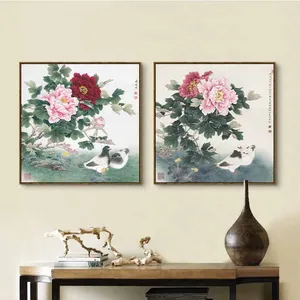 Tranh hoa mẫu đơn và đôi chim bồ câu