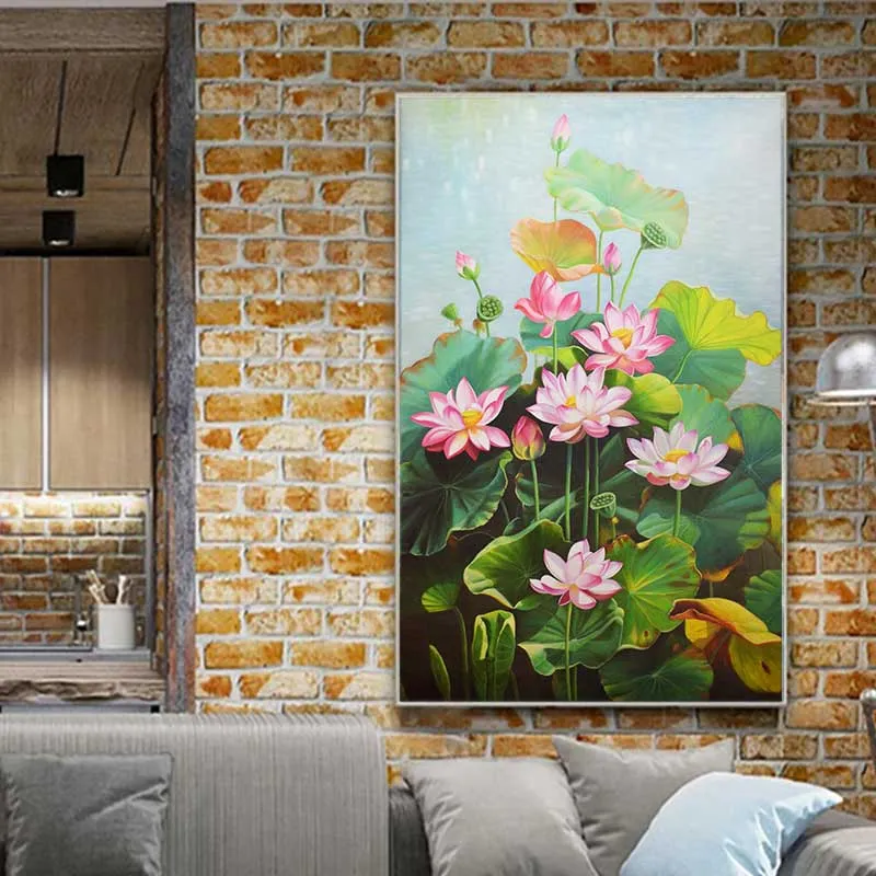 Tranh hoa sen hồng và đài sen