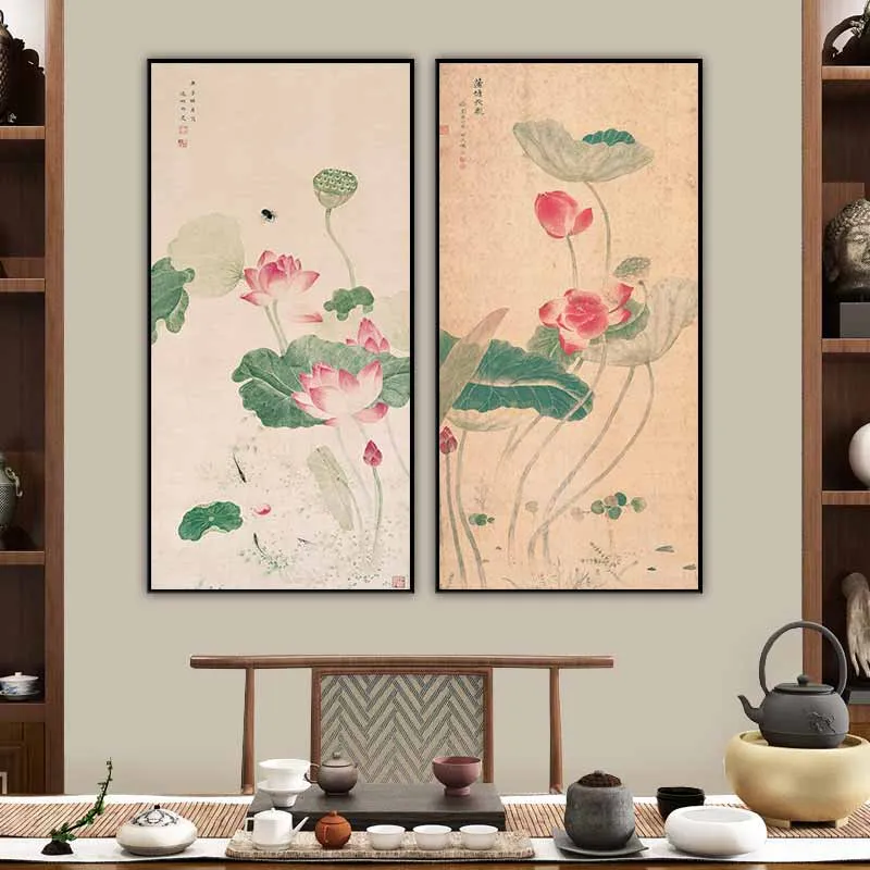 Tranh hoa sen màu sắc hoài cổ vintage