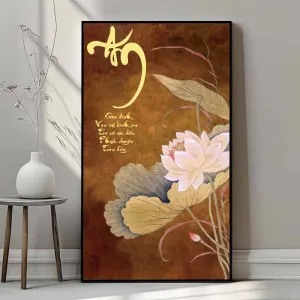Tranh Canvas Thư Pháp Gia Đình Bình An - Hoa Sen Mộc Mạc