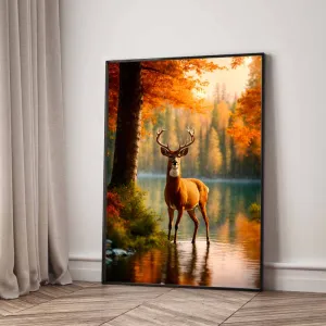 Tranh In Canvas Phong Cảnh Hươu Vàng Bên Hồ Rừng Thu Bình Yên