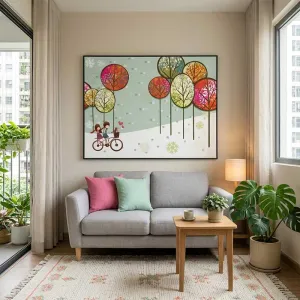 Tranh In Canvas Cặp Đôi Đạp Xe Dưới Tuyết Mùa Đông Dễ Thương