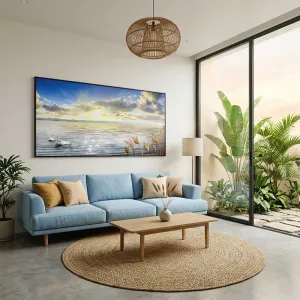 Tranh In Canvas Phong Cảnh Đôi Thiên Nga Trắng Dưới Ánh Bình Minh Trên Hồ Nước