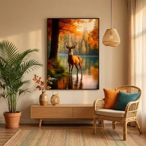 Tranh In Canvas Phong Cảnh Hươu Vàng Bên Hồ Rừng Thu Bình Yên