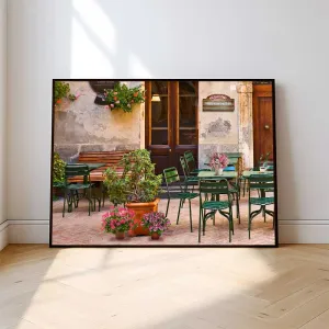Tranh In Canvas Quán Cà Phê Góc Phố Châu Âu Ngập Tràn Hoa Lãng Mạn