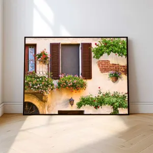 Tranh In Canvas Quán Cà Phê Góc Phố Châu Âu Ngập Tràn Hoa Lãng Mạn