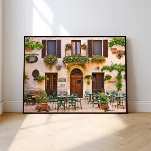 Tranh In Canvas Quán Cà Phê Góc Phố Châu Âu Ngập Tràn Hoa Lãng Mạn
