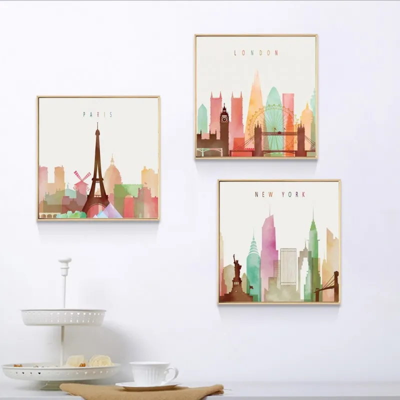 Tranh khổ vuông phong cảnh thành phố Big Ben, London Bridge, New York, Eiffel