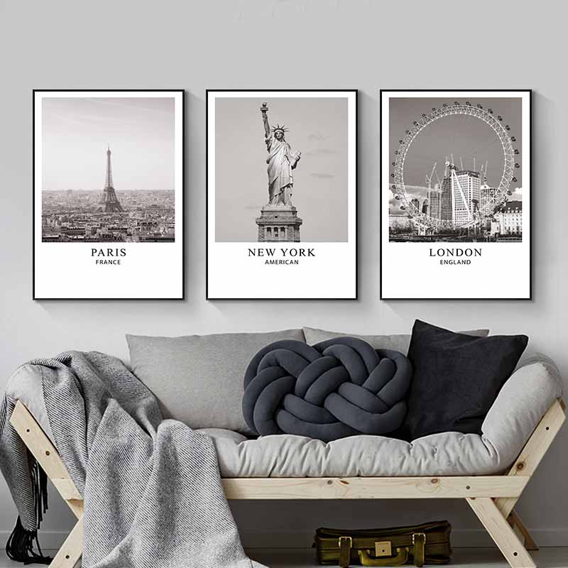 Tranh kiến trúc nổi tiếng tháp Eiffel, tượng Nữ thần Tự do, vòng quay London Eye