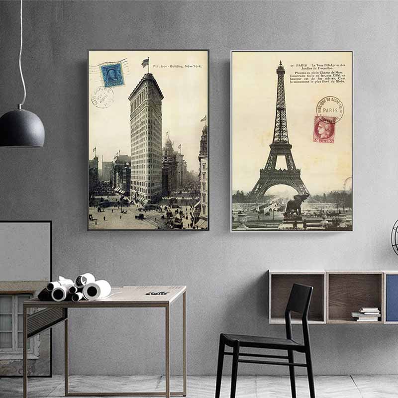 Tranh kiến trúc Tòa nhà Flatiron, New York và tháp Eiffel, Paris