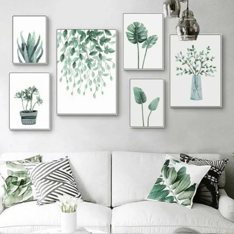 Tranh lá cây nhiệt đới lá cọ, cây xương rồng