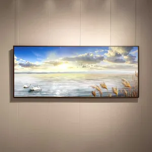 Tranh In Canvas Phong Cảnh Đôi Thiên Nga Trắng Dưới Ánh Bình Minh Trên Hồ Nước