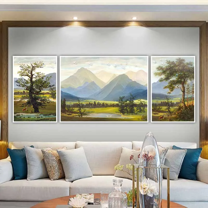 Tranh phong cảnh đồi núi và rừng cây với gia đình hươu nai và đôi chim thiên nga