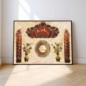 Tranh Canvas Phòng Thờ Hoành Phi Câu Đối 3D "Đức Lưu Quang" Cùng Hoa Sen Vàng