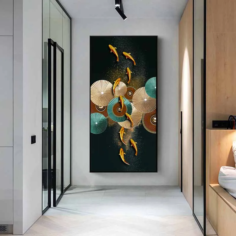 Tranh phong thủy cửu ngư và các vòng tròn lá sen trừu tượng