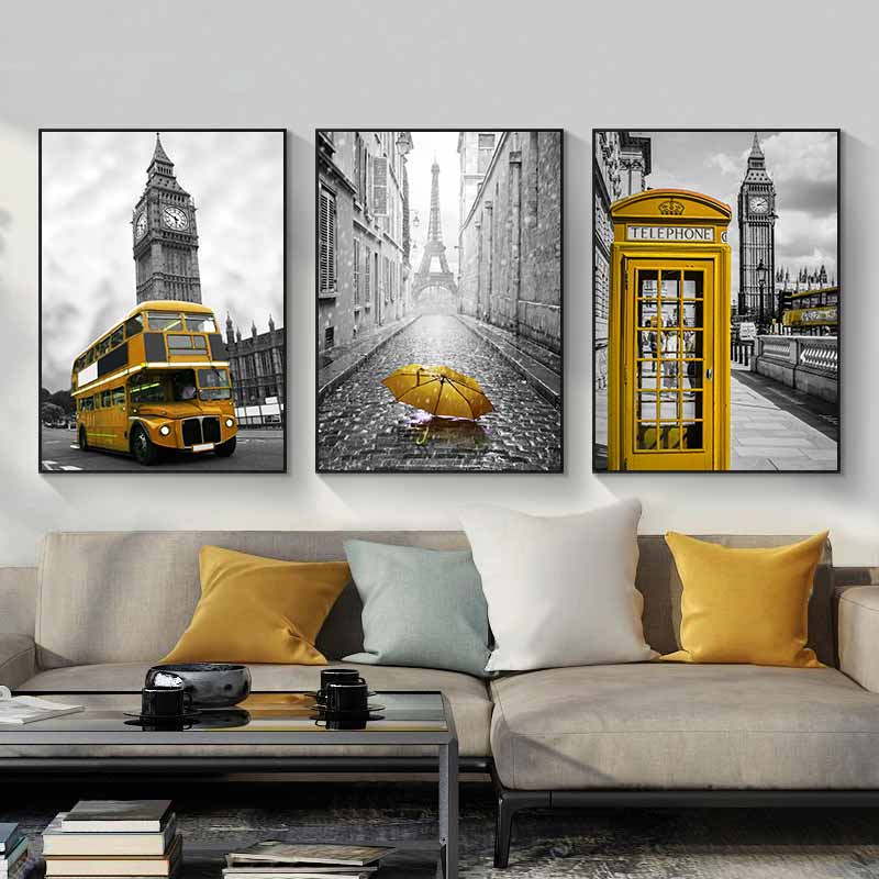 Tranh Scadinavia xe bus trên thành phố London và chiếc ô dù vàng tại tháp Eiffel