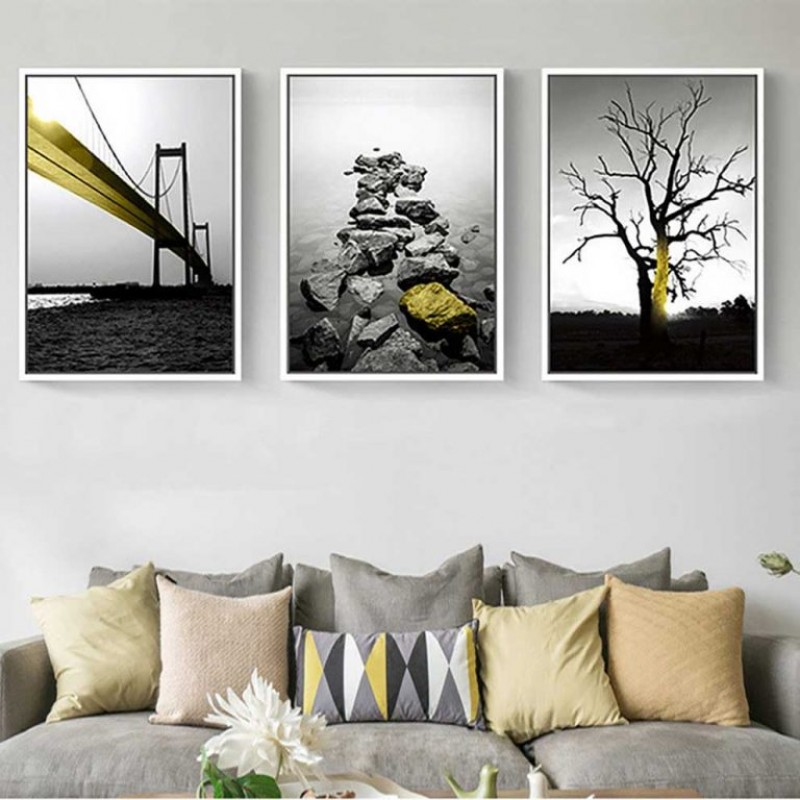 Tranh Scandinavian phong cảnh cây cầu, cầu đá và cây khô trừu tượng