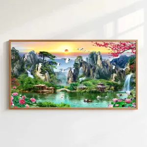 Tranh Sơn Thủy Hữu Tình Phong Thủy – Tranh Treo Tường Chim Hạc, Thác Nước Và Hoa Mẫu Đơn Đẹp