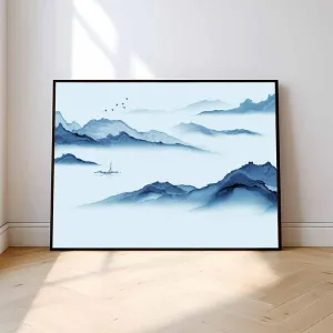 Tranh Canvas Phong Cảnh Thuyền Và Núi Sương Mù Thủy Mặc Màu Xanh Dương