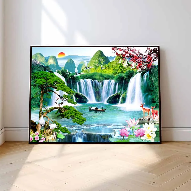 Tranh Canvas Sơn Thủy Hữu Tình: Tùng Hạc Diên Niên và Thác Nước Tài Lộc